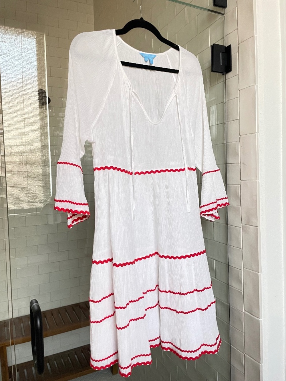 Draper James Swim Cover-Up White Crinkle Cotton with Red Ric Rac - Size M